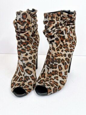 Size 7 Leopard Print Peep Toe Booties Stiletto Heel Faux Suede Slouchy Boots